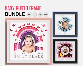 3D Baby Stats Bundle Shadow Box svg, Baby Fotorahmen, Baby Birth Stats Rahmen svg, 3D Shadow Box Bundle, mehrschichtiger Papierschnitt, Cricut