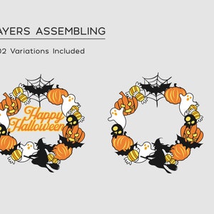 May include: A Halloween wreath with orange pumpkins, white ghosts, a black bat, candy corn, and a witch flying on a broomstick. The wreath says "Happy Halloween".