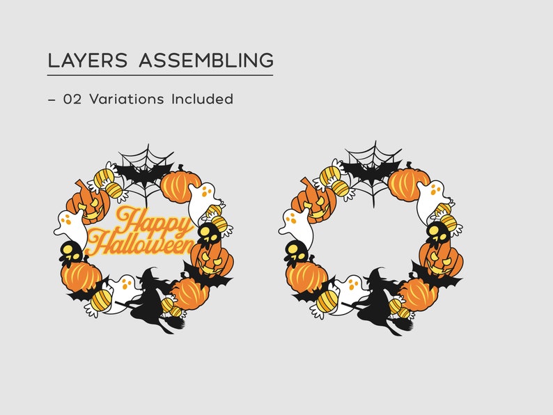 May include: A Halloween wreath with orange pumpkins, white ghosts, a black bat, candy corn, and a witch flying on a broomstick. The wreath says "Happy Halloween".