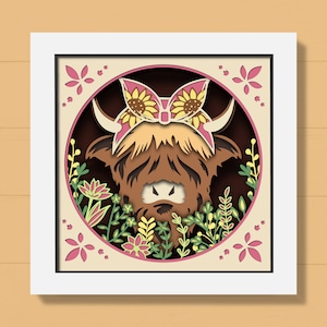 3D ハイランド牛シャドーボックス、農場の動物シャドーボックス、3D 花付き牛 SVG、ウエスタン SVG、レイヤード ペーパーカット、Cricut 用、シルエット