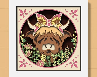 3D Highland Cow Shadow Box, Farm Animal Shadow Box, 3D Cow with Flowers Svg, Western Svg, Layered Papercut, For Cricut, Silhouette