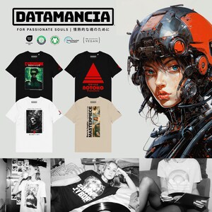 Puede incluir: Una colecci&oacute;n de camisetas con varios dise&ntilde;os gr&aacute;ficos. Los dise&ntilde;os incluyen un robot, un tri&aacute;ngulo, una persona con un arma de fuego y un grupo de personas. Las camisetas son todas blancas, negras o beige. El texto en las camisetas incluye "DATAMANCIA", "FOR PASSIONATE SOULS", "CYBERHUNG", "YBOR", "ROTOKO RESEARCH", "Born to Inspire" y "MASTERPIECE".