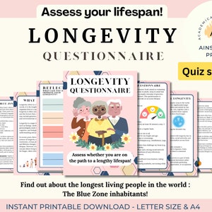 Op de afbeelding: Een printbare quiz met de titel "Longevity Questionnaire" met een roze achtergrond en een cartoonillustratie van drie oudere volwassenen. De quiz is ontworpen om mensen te helpen hun levensduur te beoordelen en bevat vragen over levensstijl, voeding en sociale connecties. De tekst "Ontdek de mensen die het langst leven: De bewoners van de Blue Zone!" is ook inbegrepen.