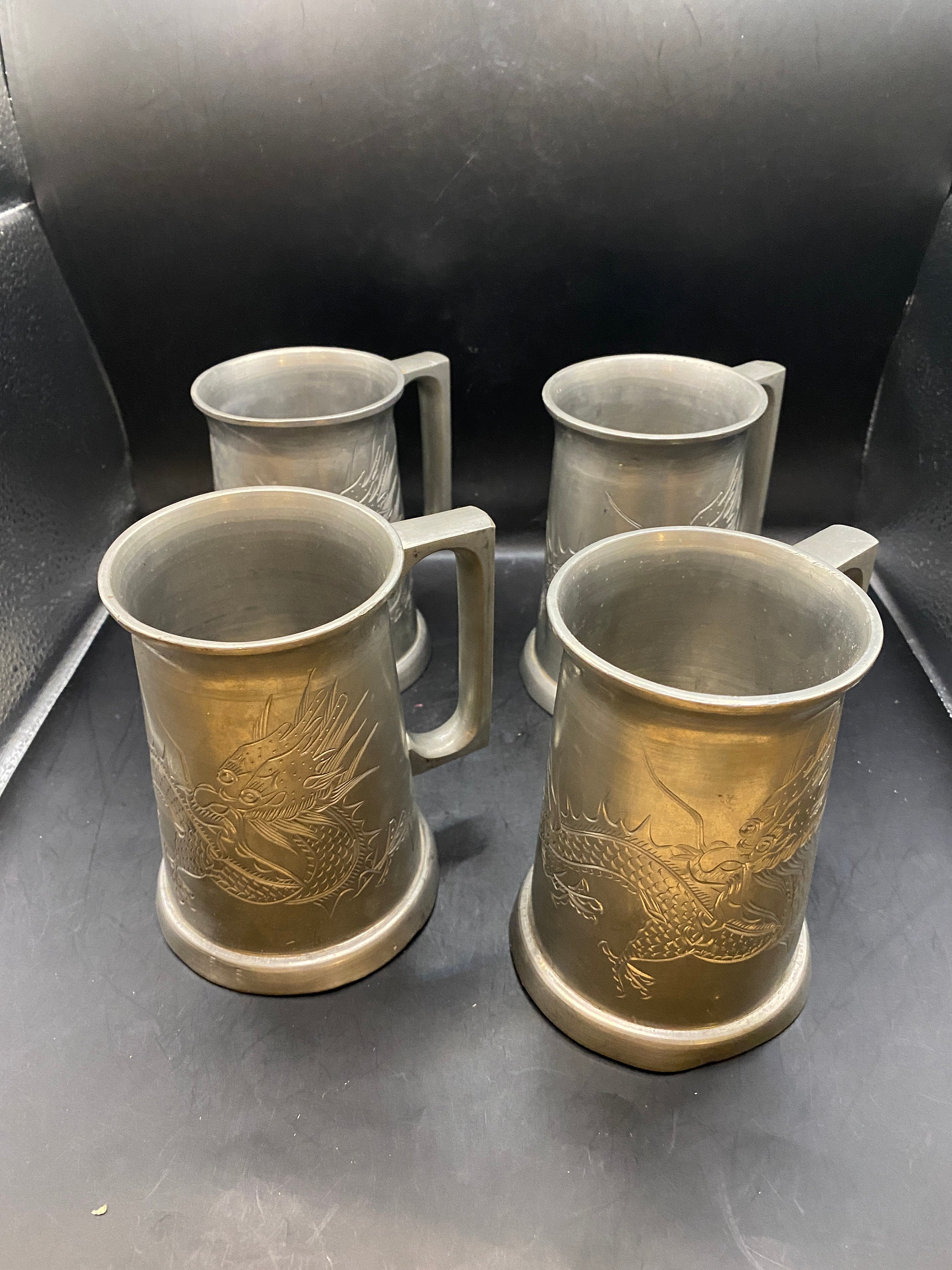 Vintage Pewter Tankard Mug With Etched Dragon Design and Glass