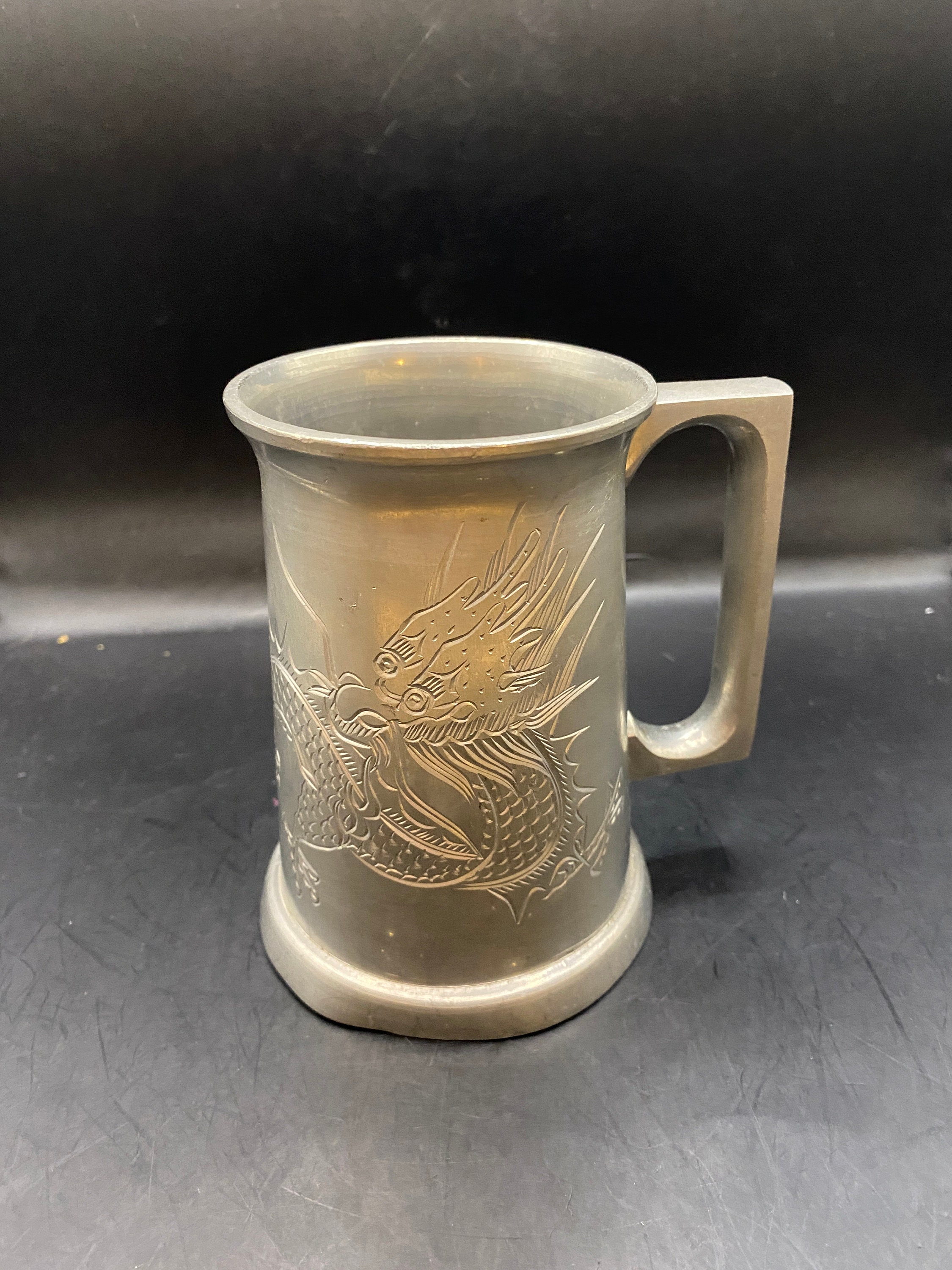 Vintage Pewter Tankard Mug With Etched Dragon Design and Glass