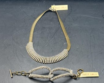 Vintage Sweet Lola Rhinestone Necklace & Bracelet Set Gold Tone Statement Jewelry Matching Glam Set