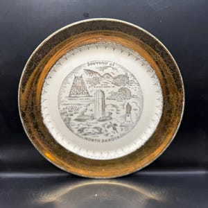 Vintage Crest-O-Gold 22K Sabin North Dakota State Plate - 10,25 &quot;Durchmesser - Souvenir mit Goldbesatz