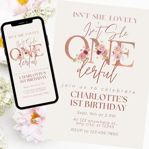 Isn't She ONEderful, Girl's First Birthday Invitation, Isn't She Lovely, Wonderful, Pink, Floral B-day Cards
