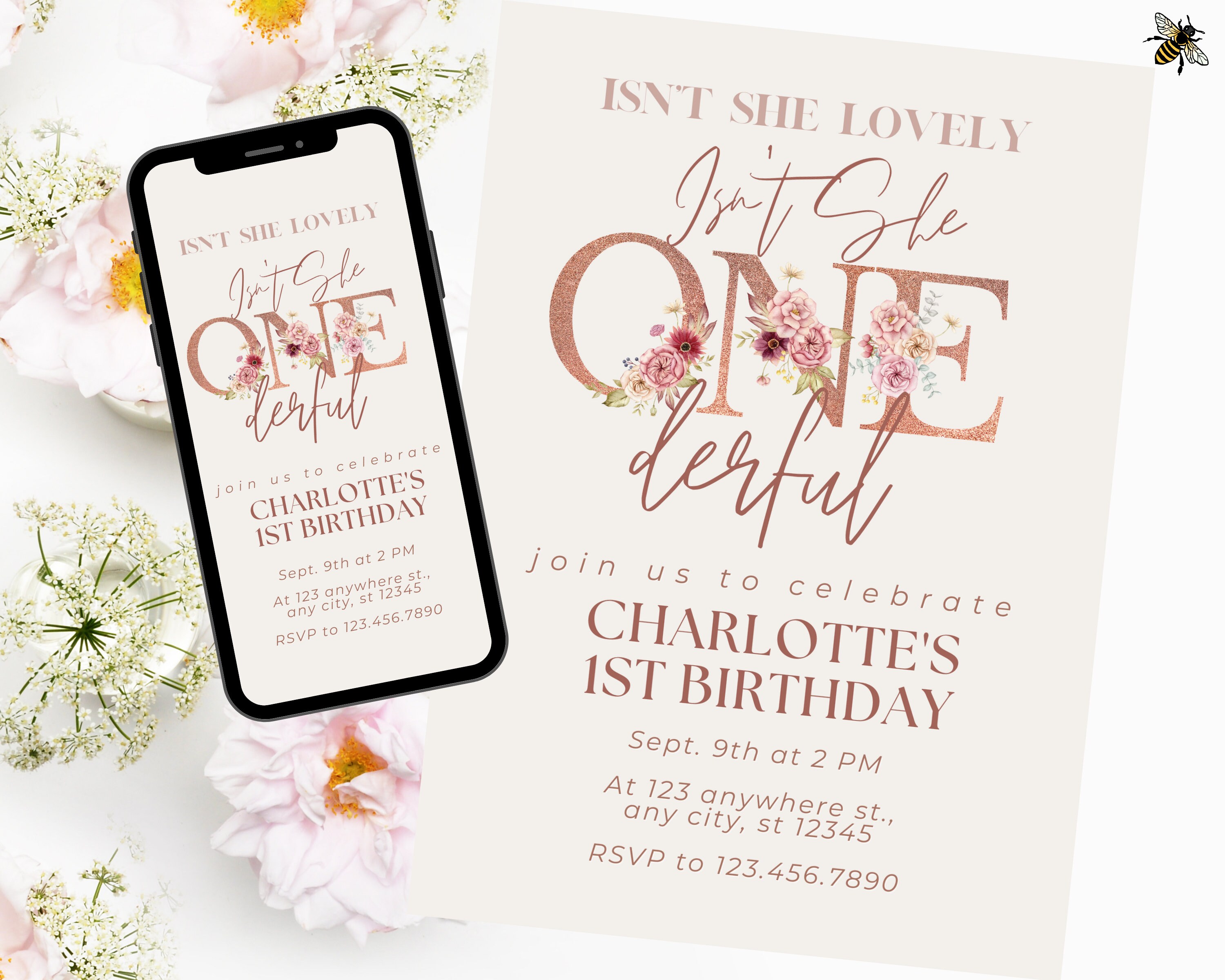 Isn't She ONEderful, Girl's First Birthday Invitation, Isn't She Lovely, Wonderful, Pink, Floral B-day Cards