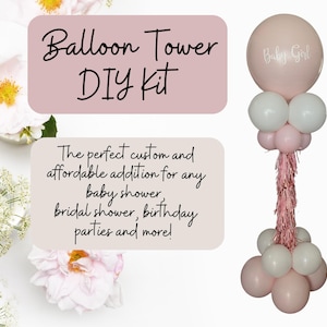 Könnte beinhalten: Ein rosa-weißes Ballon-Turm-Set für Babypartys und Feiern. Der Turm hat einen großen rosa Ballon mit dem Aufdruck "Baby Girl". Der Turm ist mit weißen und rosa Ballons und rosa Fransen verziert.