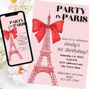 Paris Themed Birthday Party Invitations, Digital Template, Easy to Edit, Print at Home, Send via Text, Girl B-day Party, Any Age!