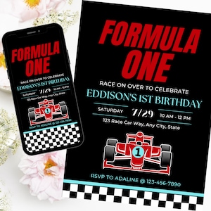 F1 First Birthday Party! Formula One Boy's Birthday Party Invites, Mobile Invite Template, Digitial or Print, Easy to Edit!