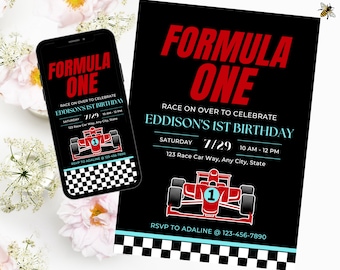 F1 First Birthday Party! Formula One Boy's Birthday Party Invites, Mobile Invite Template, Digitial or Print, Easy to Edit!
