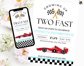 May include: A printable invitation for a child's second birthday party. The invitation features a red race car with a checkered flag background and the text "Growing Up Two Fast" and "Race on over to celebrate Emmitt's 2nd Birthday".