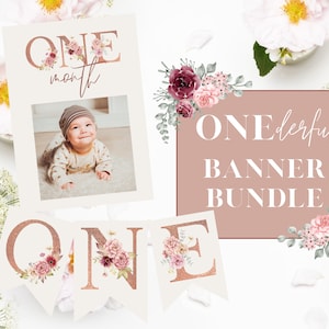 Isn't She ONEderful Banner Bundle, 12 Month Milestone Banner + ONE High Chair Banner, 1st Birthday Party Signs, Digital Template, Editable