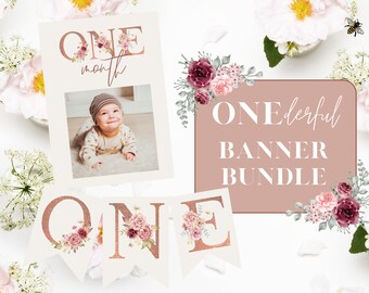 Isn&#39;t She ONEderful Banner Bundle, 12 Month Milestone Banner + ONE High Chair Banner, 1st Birthday Party Signs, Digital Template, Editable