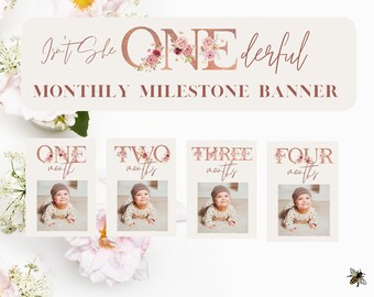 May include: A set of four printable monthly milestone cards featuring a floral design with a rose gold finish. Each card has a number from one to four with the word "months" below it. The cards are designed for a baby's first year and can be used to document their growth.