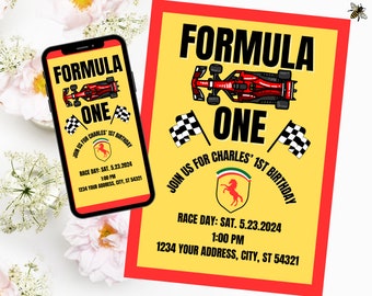 Formula ONE First Birthday Party Invitations - Digital Template, Easy to Edit, Print from home, Send via Text or Email, Race Car Party Theme