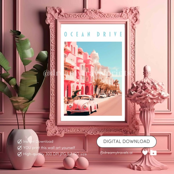 Miami Poster | Maximalist Decor | Wall Art | Dorm Room Prints | Florida Art | Whimsical Illustration | Miami Art | Miami Photo | Ocean Drive