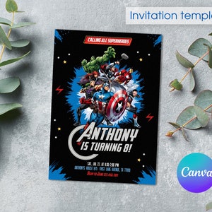 May include: A black and blue superhero themed birthday party invitation with a graphic of various superheroes including Captain America, Hulk, Iron Man, Thor, and Black Widow. The text on the invitation reads "Calling all superheroes" and "Anthony is turning 8!" with the date, time, and location of the party.