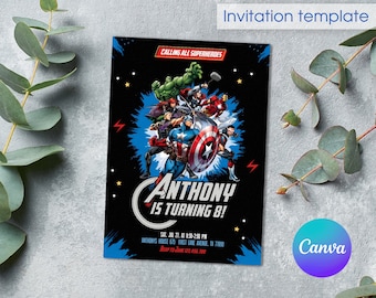 May include: A black and blue superhero themed birthday party invitation with a graphic of various superheroes including Captain America, Hulk, Iron Man, Thor, and Black Widow. The text on the invitation reads "Calling all superheroes" and "Anthony is turning 8!" with the date, time, and location of the party.