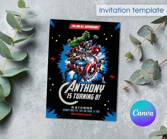 Avengers birthday invitation, comics superhero invite, printable editable party invite template, spiderman, iron man, hulk, captain america
