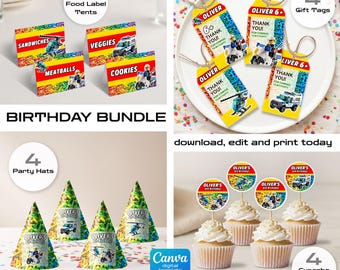 Building Blocks Party Bundle: Gift Tags, Cupcake Toppers, Table Tent, Party Hats -  Construction Police Car Editable Printable Templates