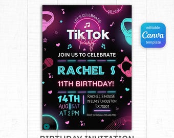 TikTok birthday invitation, tik tok invite, printable editable party invite template, blogger party, tik-tok music party