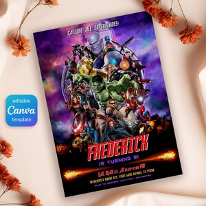 May include: A purple and black invitation with a collage of Marvel superhero characters, including Iron Man, Captain America, Thor, Hulk, and Thanos. The text "Calling all superheroes!" is at the top of the invitation. The text "Frederick is turning 6!" is in red and white. The invitation includes the date, time, and location of the party.