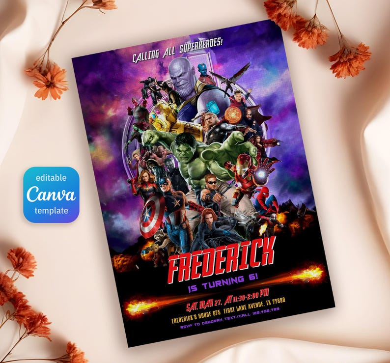 May include: A purple and black invitation with a collage of Marvel superhero characters, including Iron Man, Captain America, Thor, Hulk, and Thanos. The text "Calling all superheroes!" is at the top of the invitation. The text "Frederick is turning 6!" is in red and white. The invitation includes the date, time, and location of the party.