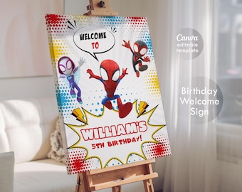 spidey friends Printable Welcome Sign template, Birthday superhero Party Welcome in Poster, spiderman Boy super hero party decoration