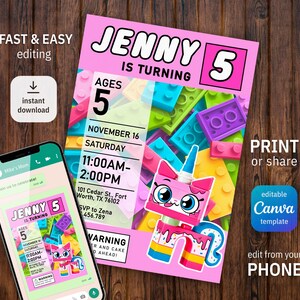 May include: A pink birthday party invitation with the name "Jenny" and the number "5" in a Lego-themed design. The invitation includes event details and a cartoon character. A smartphone displays the invitation.