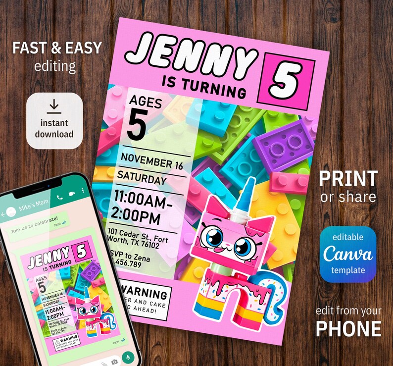 May include: A pink birthday party invitation with the name "Jenny" and the number "5" in a Lego-themed design. The invitation includes event details and a cartoon character. A smartphone displays the invitation.