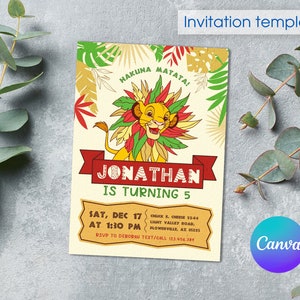 Lion King birthday invitation, Simba invite, printable editable party invite template, hakuna matata party, safari animals evite
