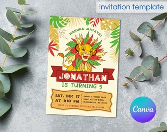 Lion King birthday invitation, Simba invite, printable editable party invite template, hakuna matata party, safari animals evite