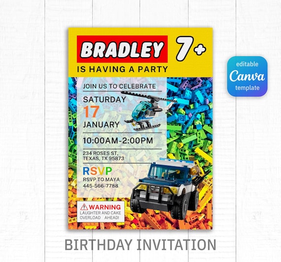 Building blocks invitation, bricks invite, printable editable invitation template, construction police car invite template, 1st 2nd 3rd bday