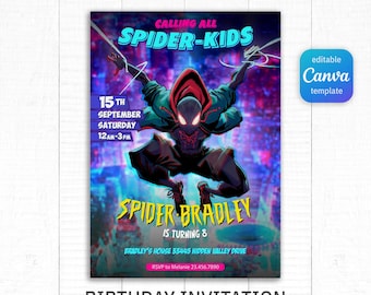 Spiderman birthday invitation, comics superhero invite, printable editable party invite template, spider-verse, spider-man, Miles Morales