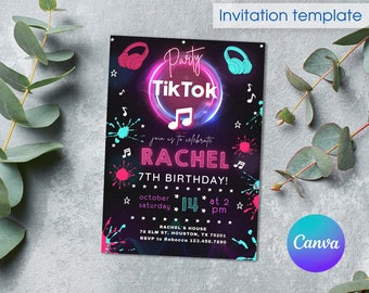 TikTok birthday invitation, tik tok invite, printable editable party invite template, blogger party, tik-tok music party