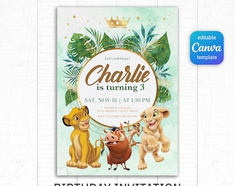 Lion King birthday invitation, Simba invite, printable editable party invite template, hakuna matata party, safari animals evite
