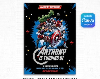 Avengers birthday invitation, comics superhero invite, printable editable party invite template, spiderman, iron man, hulk, captain america