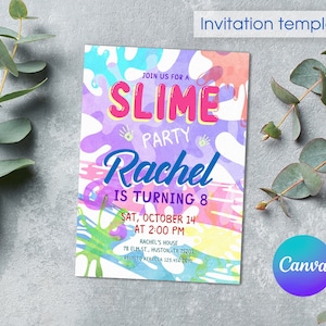 Invitación de cumpleaños para fiesta de Slime, invitación de Slime para imprimir, plantilla de fiesta de Slime diy editable, plantilla digital de Slime con brillantina, cumpleaños de niña