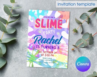 Op de afbeelding: Een kleurrijke uitnodiging voor een slijmparty voor Rachel, die 8 jaar wordt. De uitnodiging heeft een kleurrijk slijmdesign met de tekst "Join us for a Slime Party" en "Rachel is turning 8". De uitnodiging bevat ook de datum, tijd en locatie van het feest.