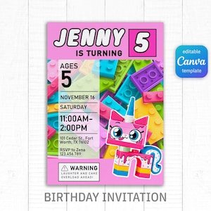 May include: A pink birthday invitation with the name "JENNY" and the number "5" in a blocky font. The invitation includes the date, time, and location, with a cartoon character and the text "BIRTHDAY INVITATION". The Canva template is editable.