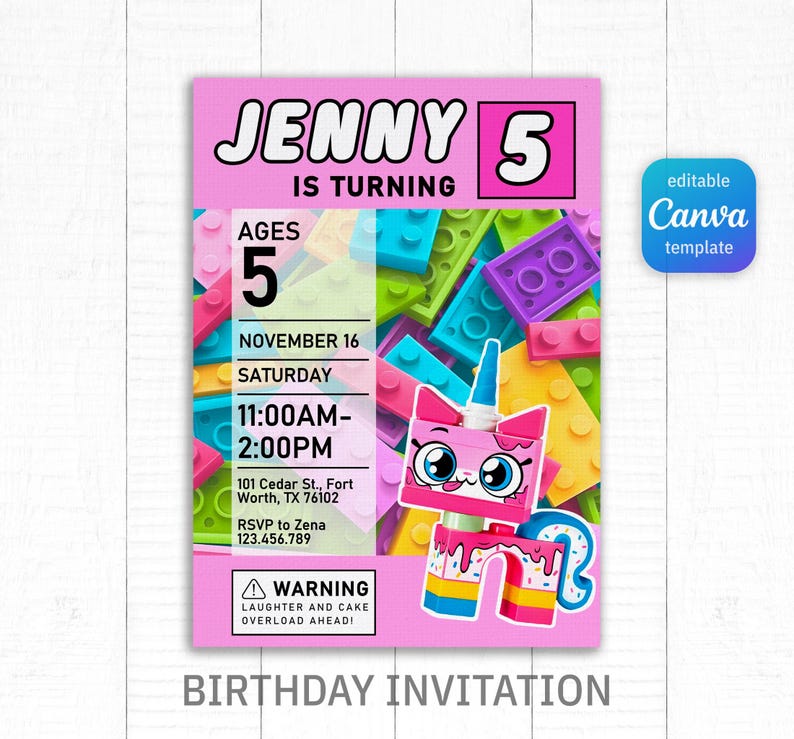 May include: A pink birthday invitation with the name "JENNY" and the number "5" in a blocky font. The invitation includes the date, time, and location, with a cartoon character and the text "BIRTHDAY INVITATION". The Canva template is editable.