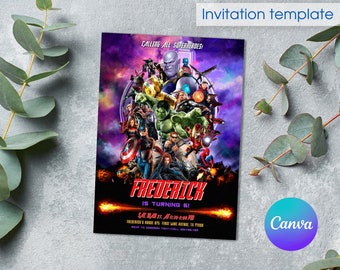 Avengers birthday invitation, comics superhero invite, printable editable party invite template, spiderman, iron man, hulk, captain america