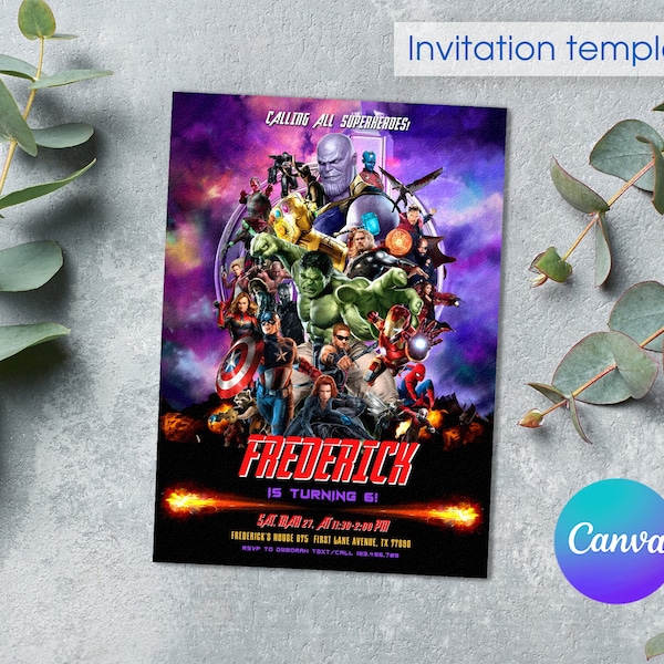 Avengers birthday invitation, comics superhero invite, printable editable party invite template, spiderman, iron man, hulk, captain america