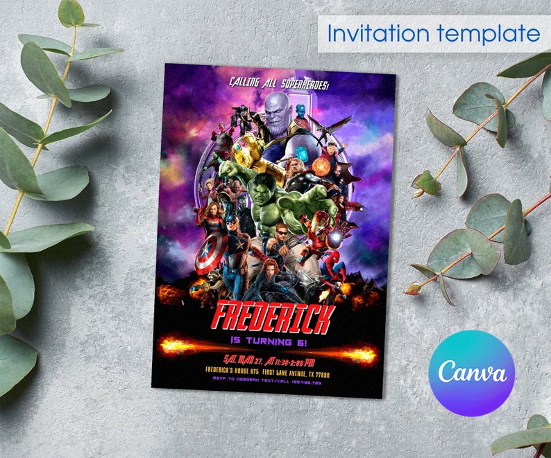 May include: A purple and black invitation with a collage of Marvel superheroes, including Hulk, Iron Man, Thor, and Thanos. The text reads "Calling all superheroes! Frederick is turning 6!" with a date and time for the party.