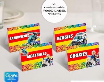 Building Blocks printable table tent, food or name lable, Bricks birthday party, Construction Police Car Editable Template, diy party favors