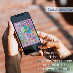 May include: A smartphone displays a pink birthday invitation for Jenny's 5th birthday. The invitation features a colorful cartoon character and building blocks. The phone is held in a person's hands, with text that reads "Quick and Easy" and "You can edit and share it right from your phone no special skills or software needed."