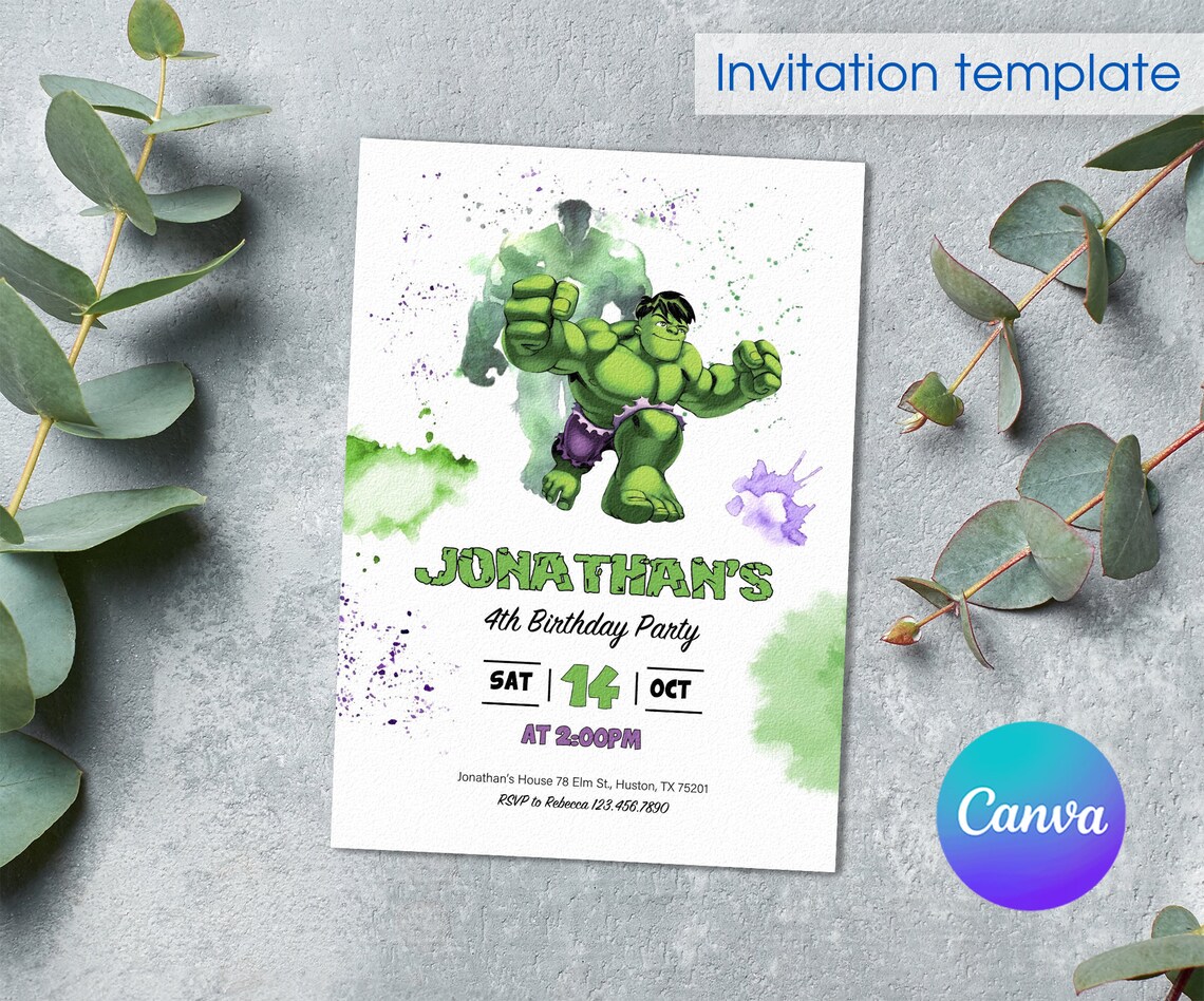 Incredible Hulk Editable Invitation, Printable Boy Birthday Invitation